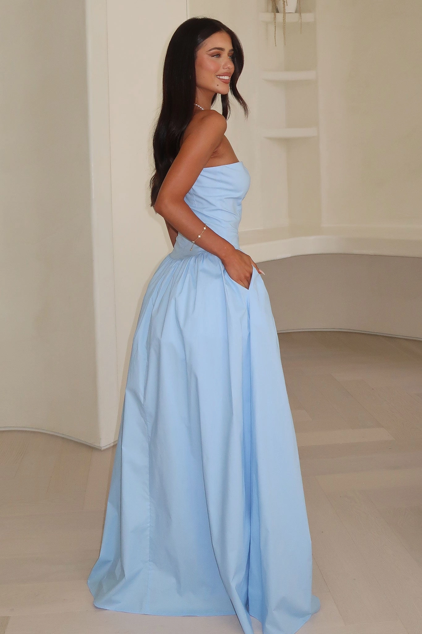 Sleek Fit Subtle Edge Iridessa Strapless Maxi Dress - Baby Blue