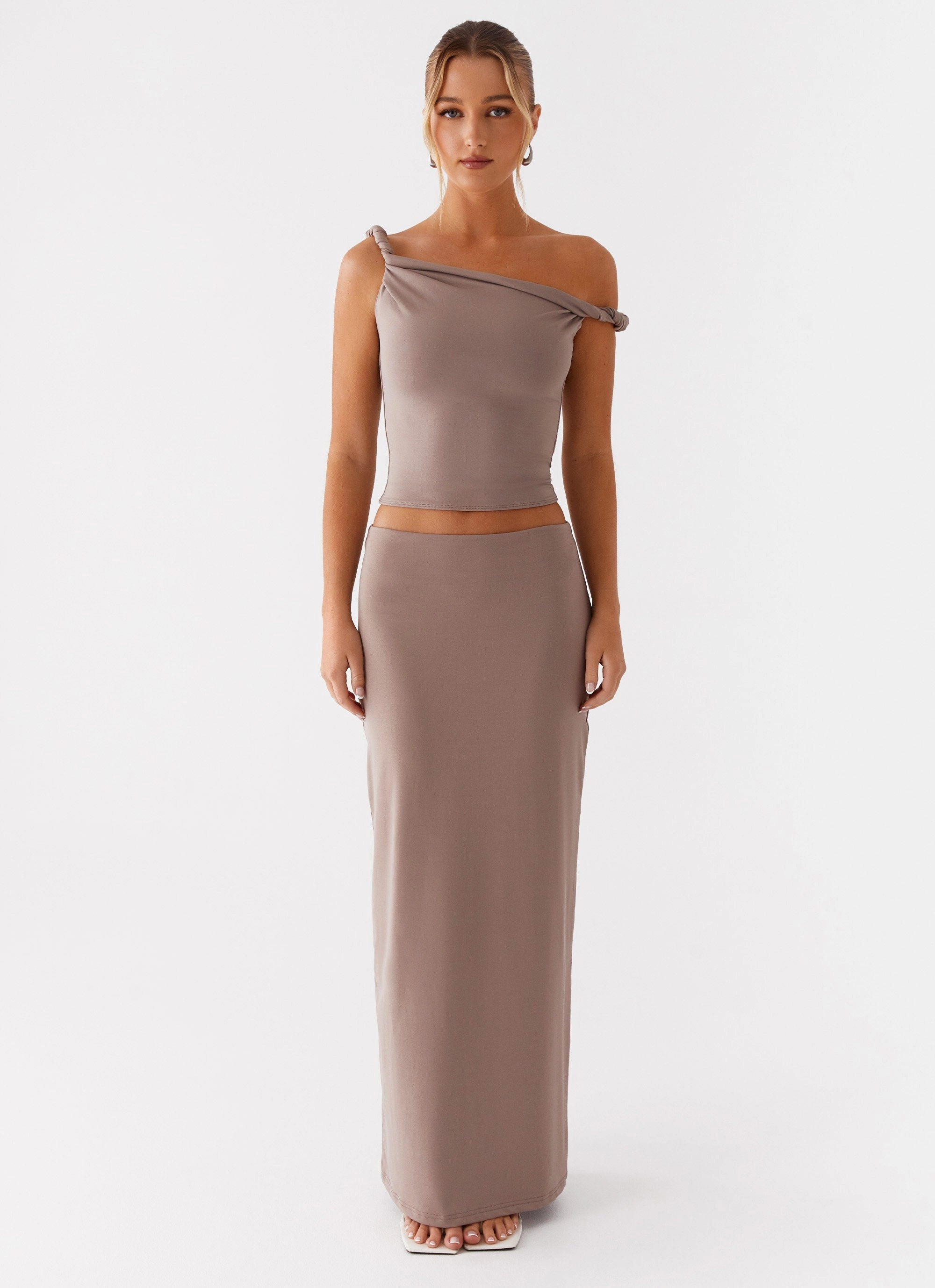 Solace Soul Maxi Skirt - Taupe Rolled Hem Chic Fit
