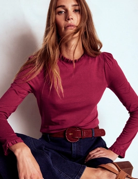 Multi Panel Cut Supersoft Frill Detail Top-Burgundy Red