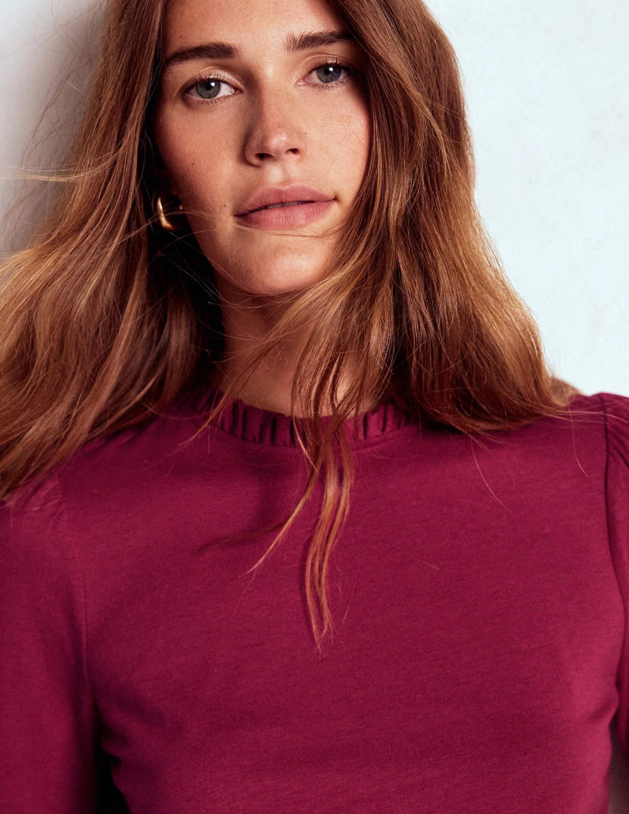 Button Down Collar PreWashed Supersoft Frill Detail Top-Burgundy Red