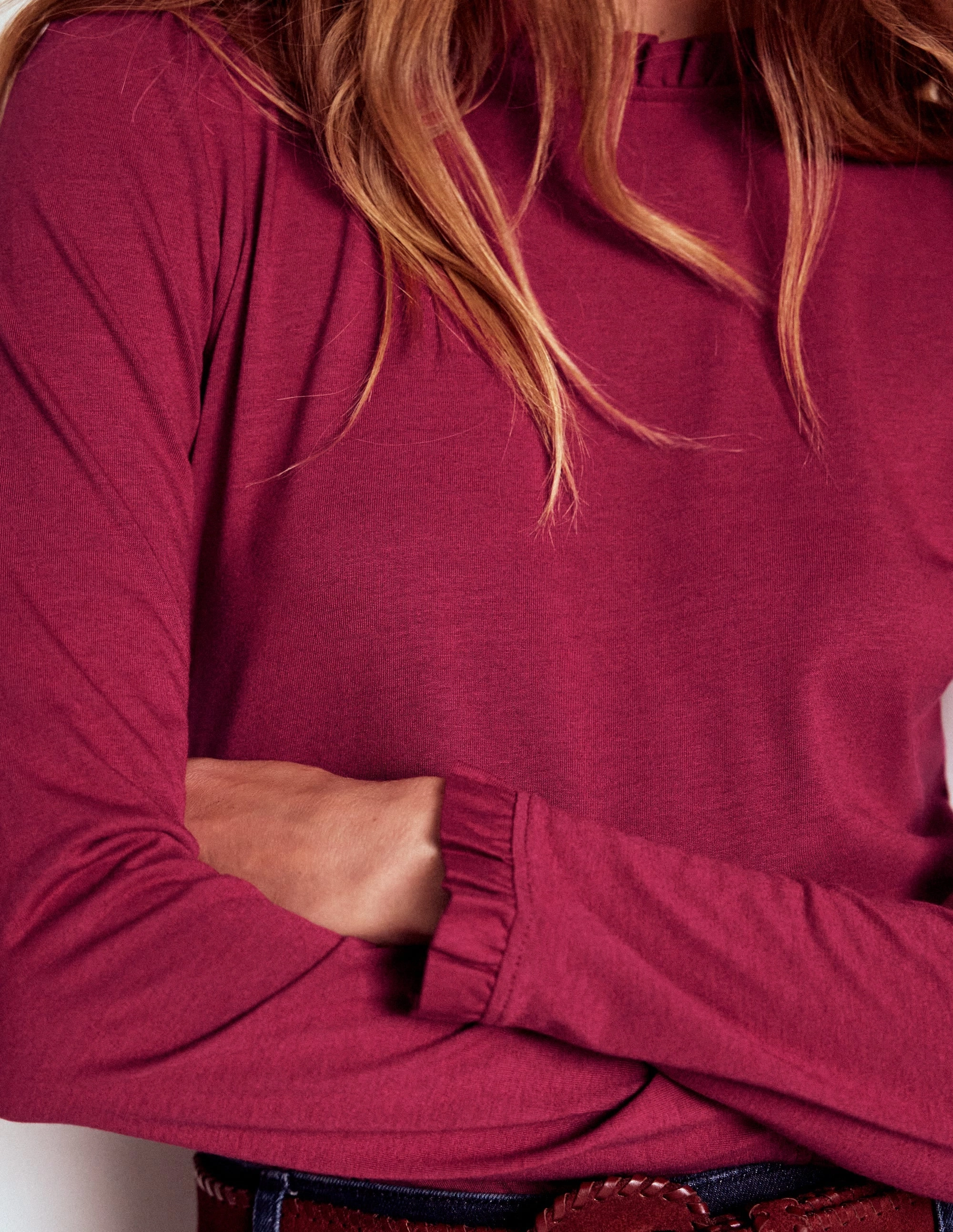 Supersoft Frill Detail Top-Burgundy Red DualLayer Weave