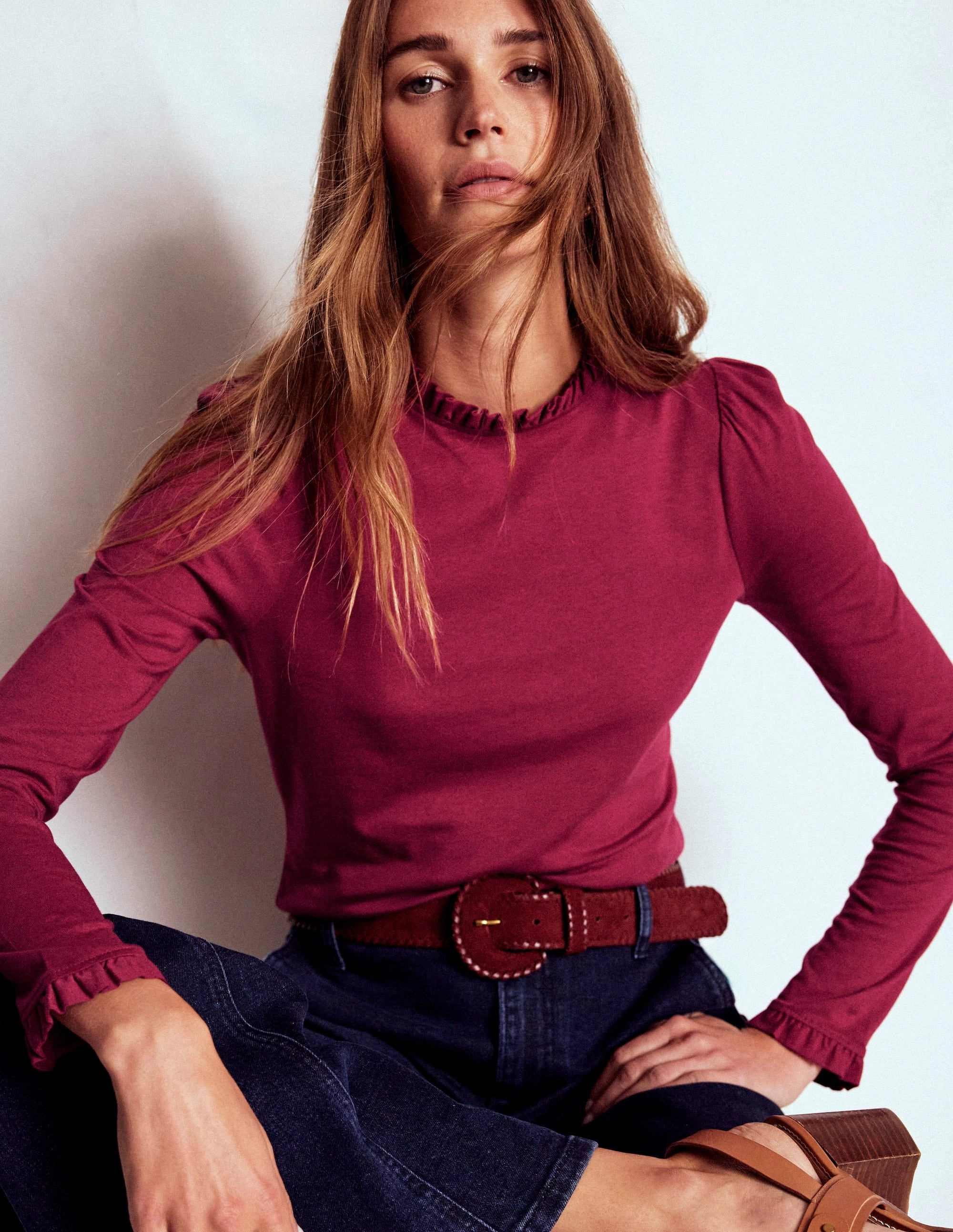 Multi Panel Cut Supersoft Frill Detail Top-Burgundy Red