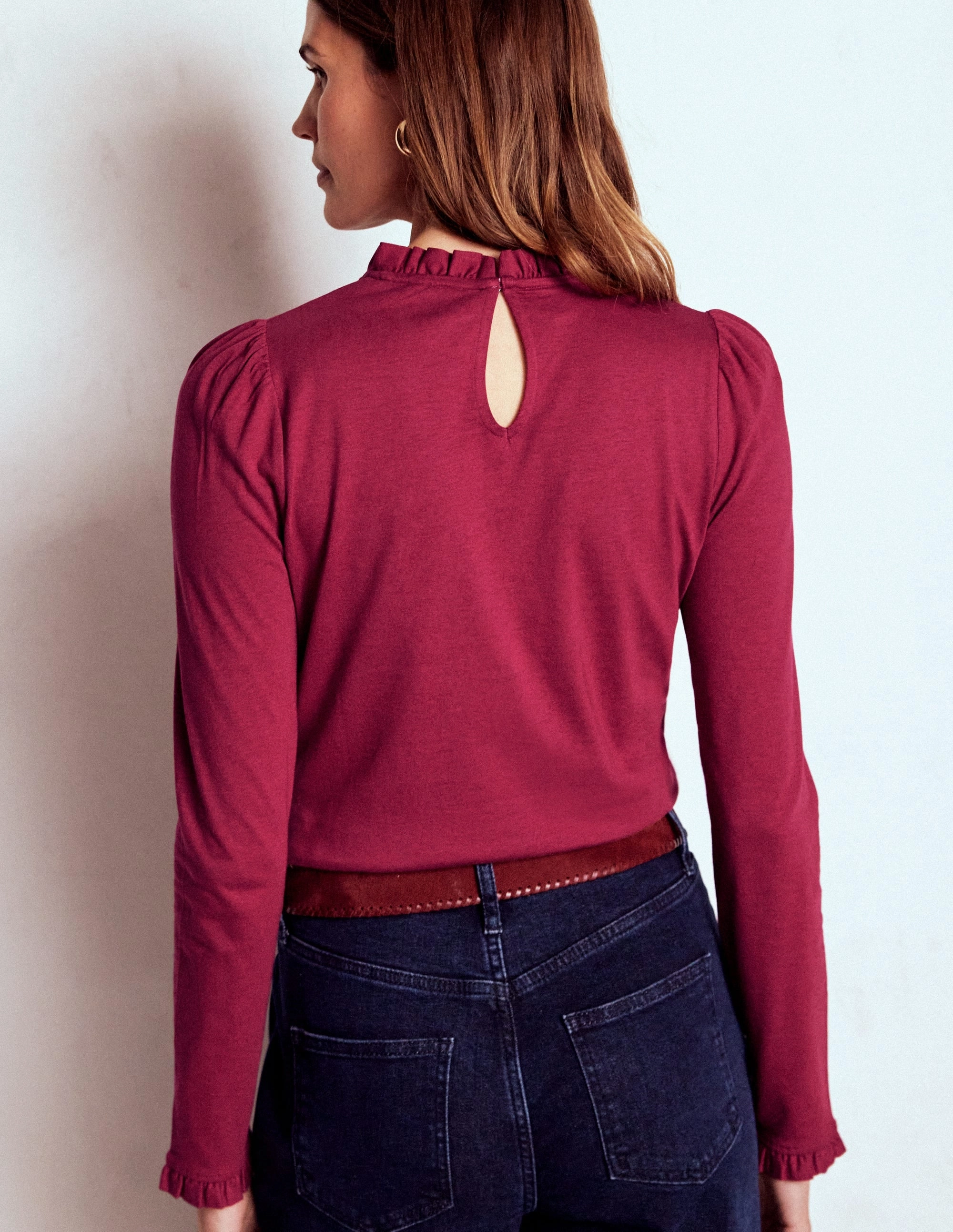 RollUpSleeves Supersoft Frill Detail Top-Burgundy Red