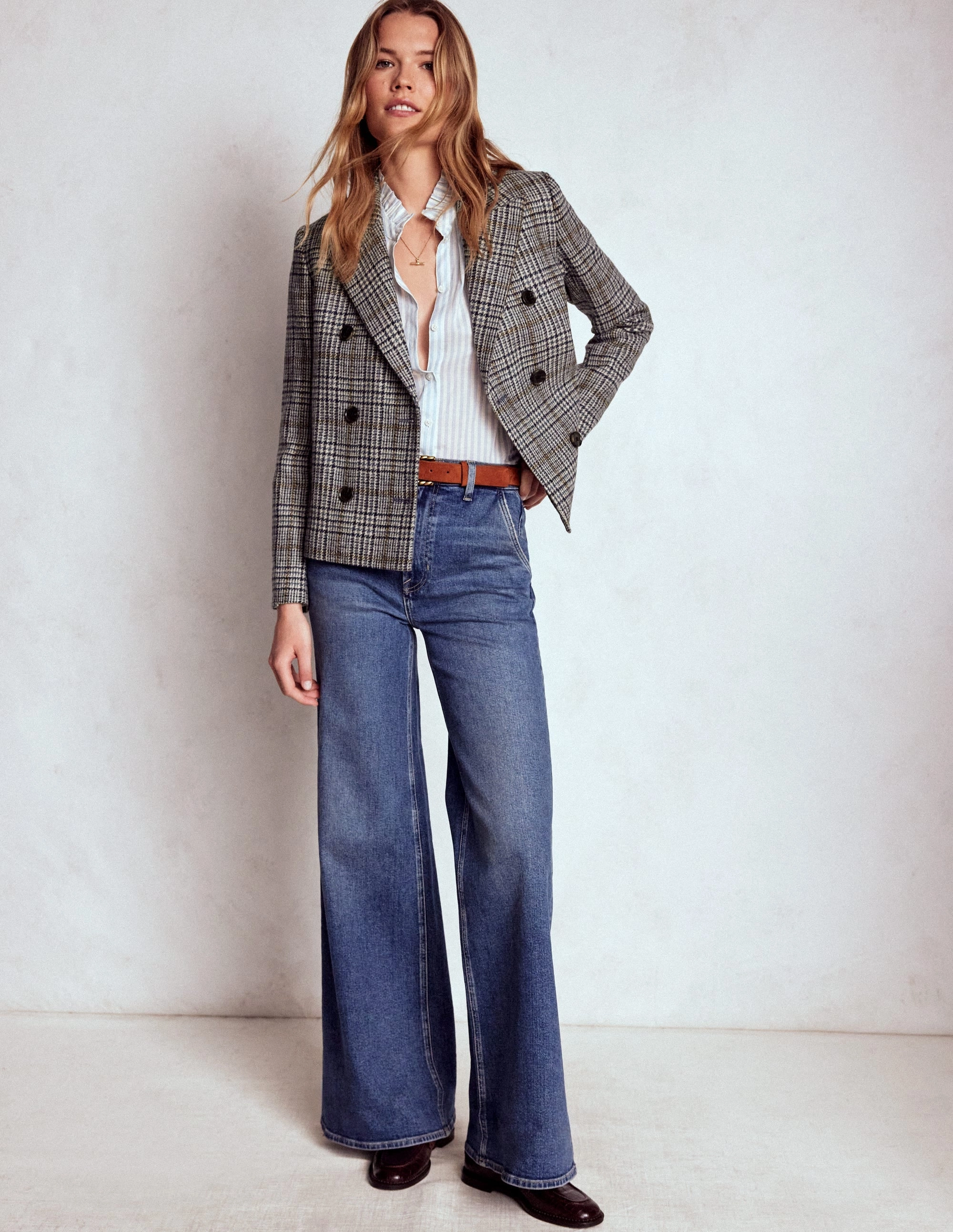 Kangaroo Pocket Boxy Double Breasted Blazer-Blue and Grey Prince of Wales