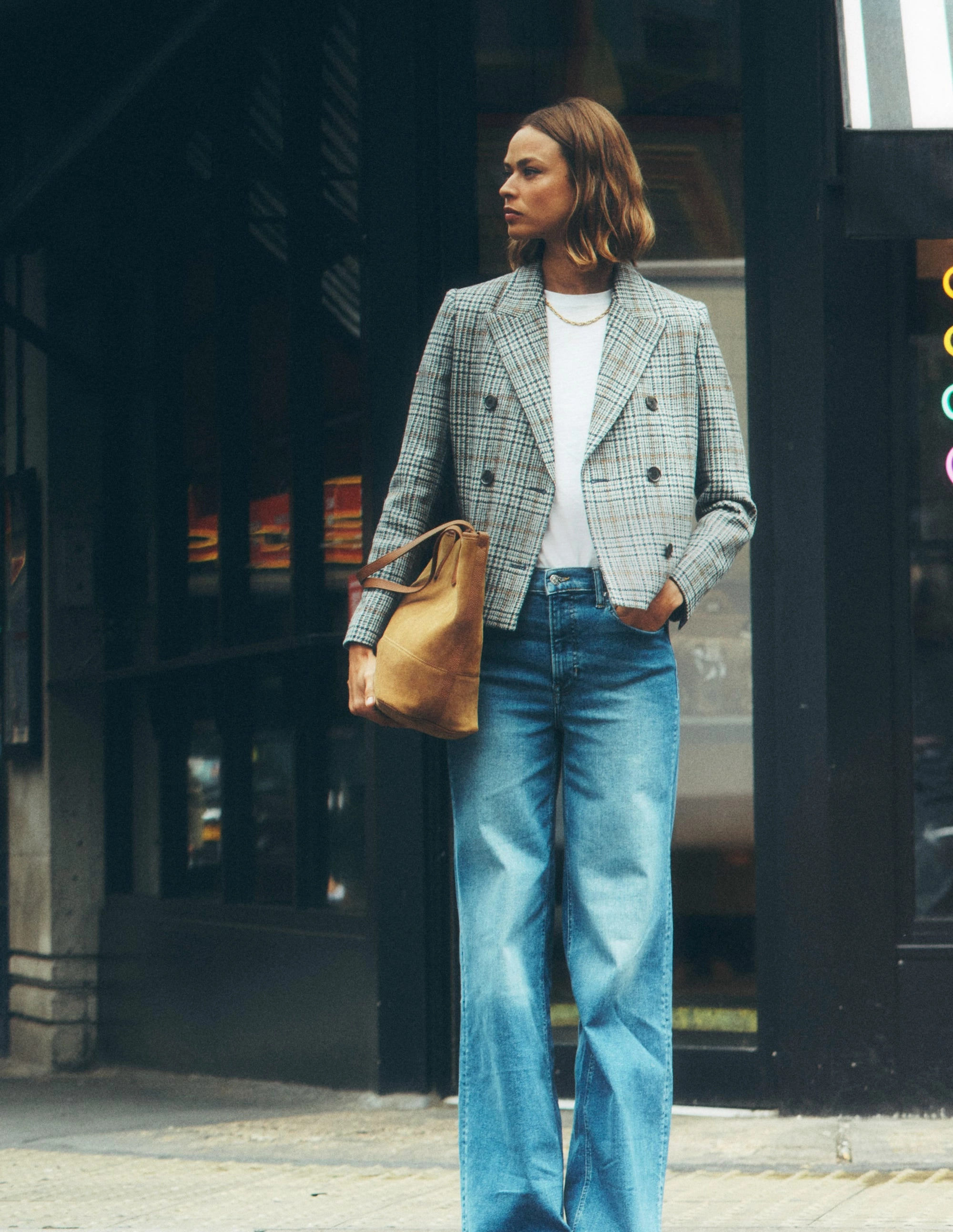 Boxy Double Breasted Blazer-Blue and Grey Prince of Wales Non Bulky Insulation Ergonomic Armhole Cut