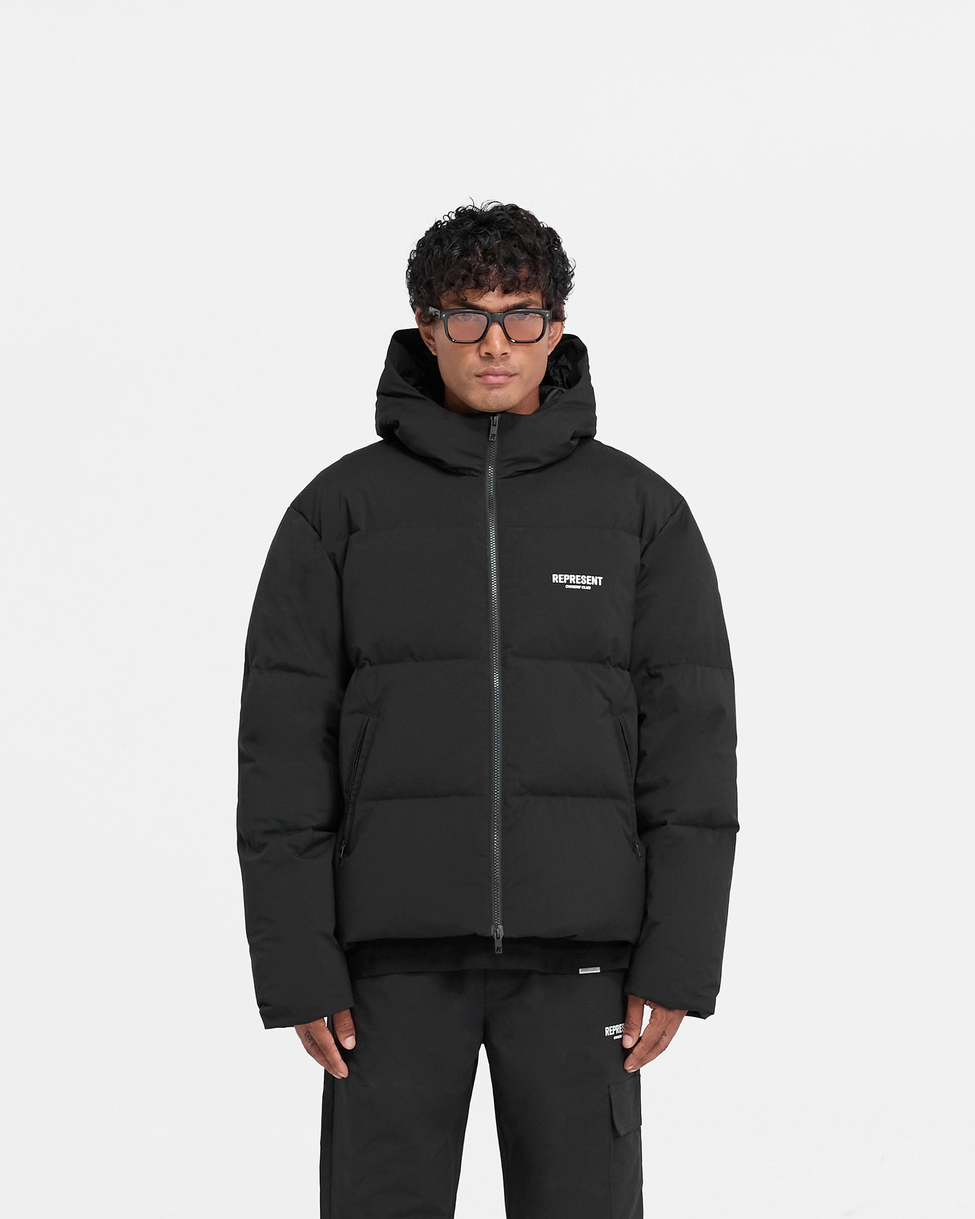 Cold Season Anti Pilling Fabric Represent Owners Club Hooded Puffer Jacket - Black
