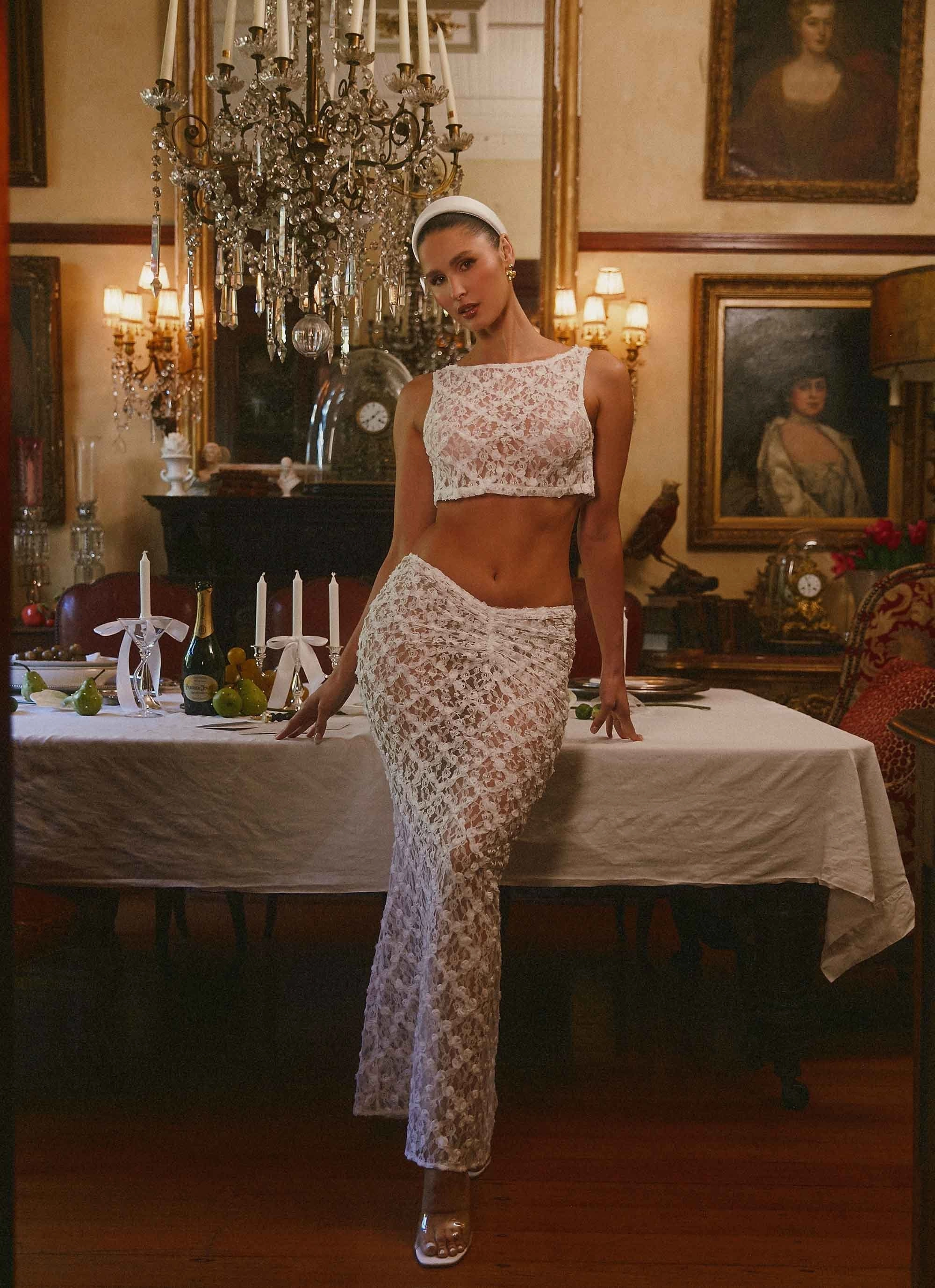 Botanical Dream Maxi Skirt - White Crossback Strap Diagonal Slit