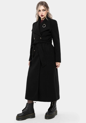 Abyss Tie Waist Double Breasted Coat With Snake Brooch - Black Everyday Fit Style