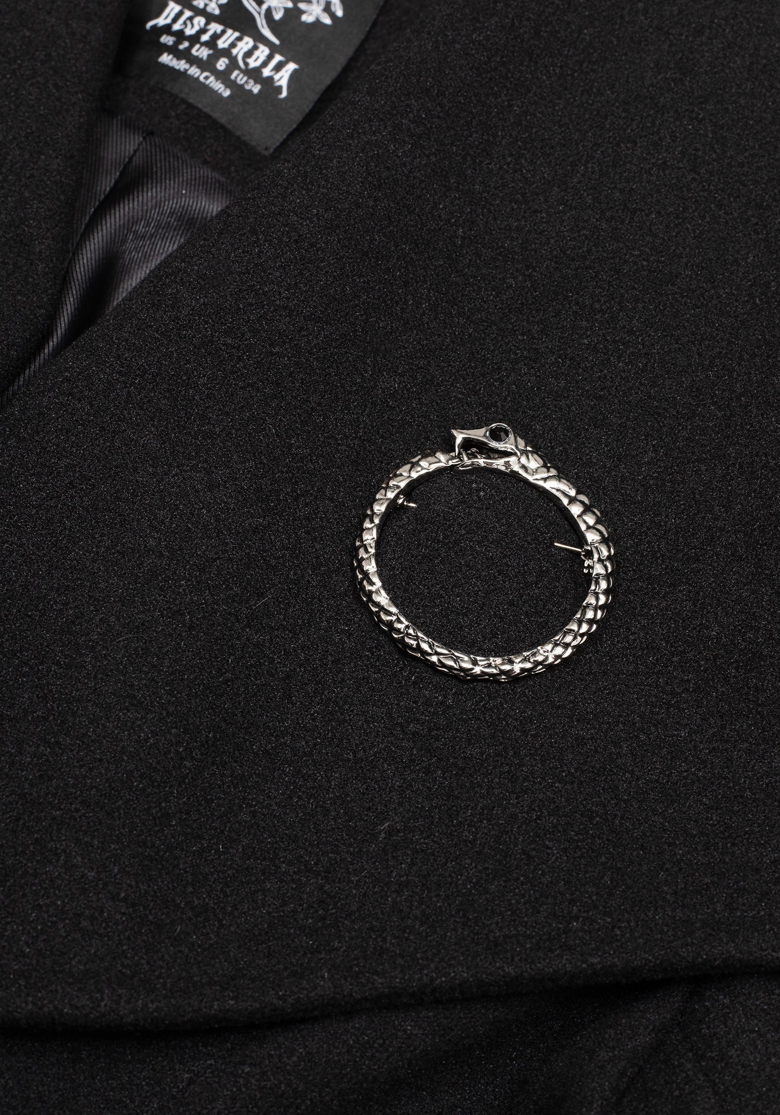 Abyss Tie Waist Double Breasted Coat With Snake Brooch - Black Secure Closure System Collapsible Packable Design