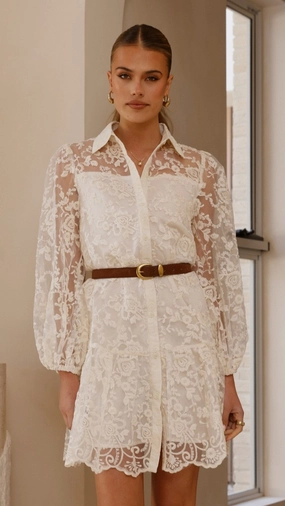 Ruffle-Detail Chic Waist Design Acacia Lace Mini Dress - White