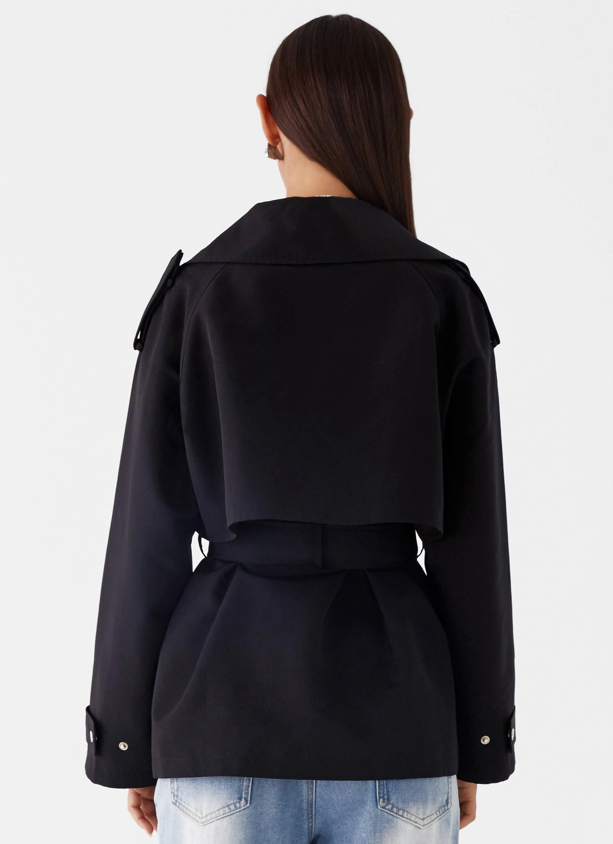 Reflective Safety Accents Ergonomic Sleeve Shaping Ace Of Spades Cropped Trench Coat - Black