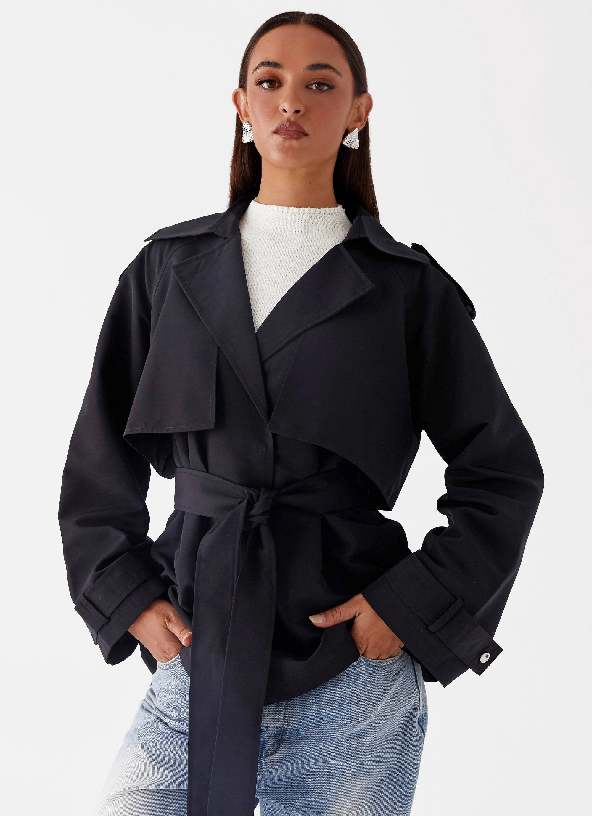 Cozy Fit Cold Outfit Ace Of Spades Cropped Trench Coat - Black