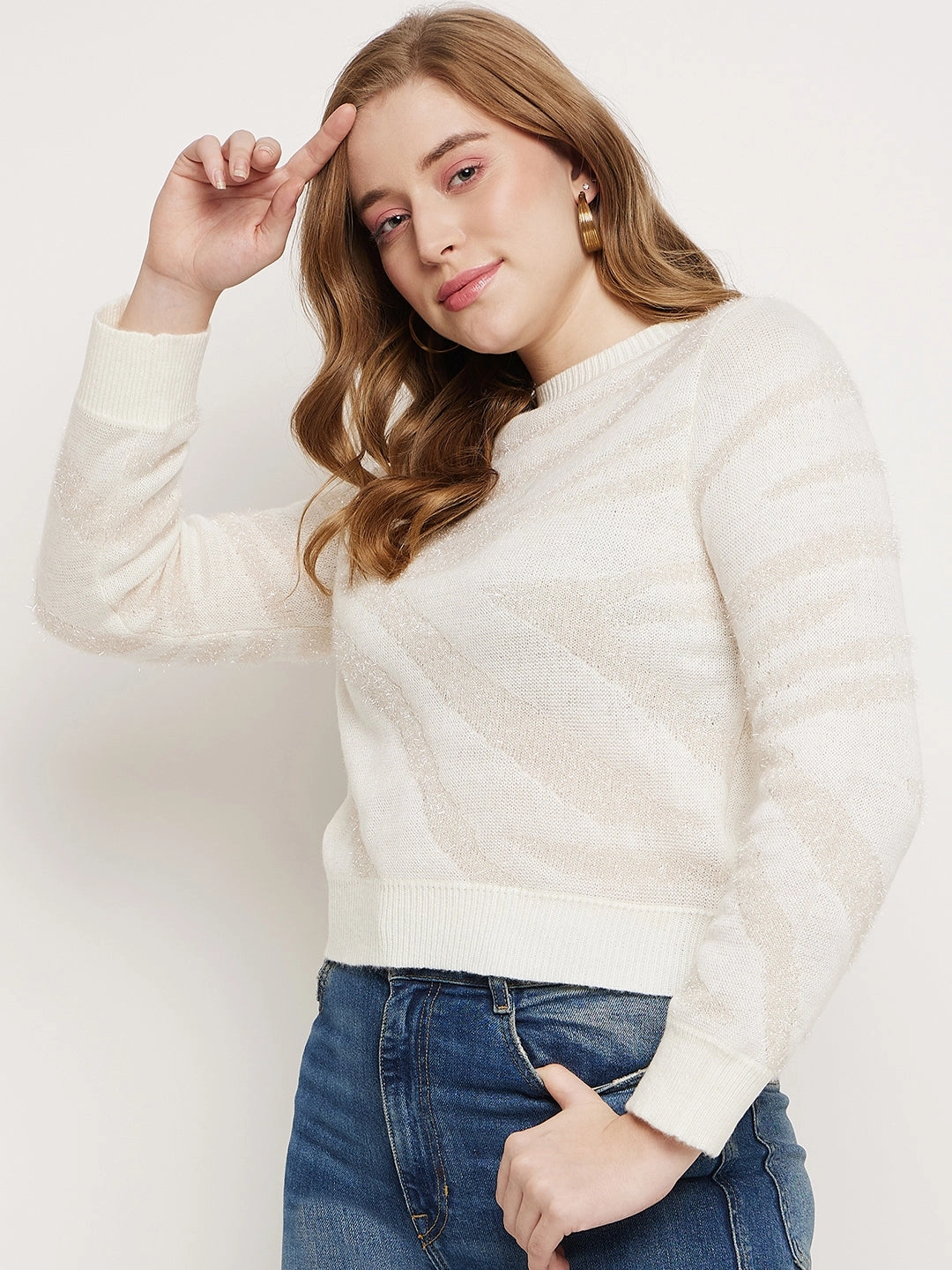 Madame White Crew Neck Sweater Simple Knitwear Reinforced Cuffs