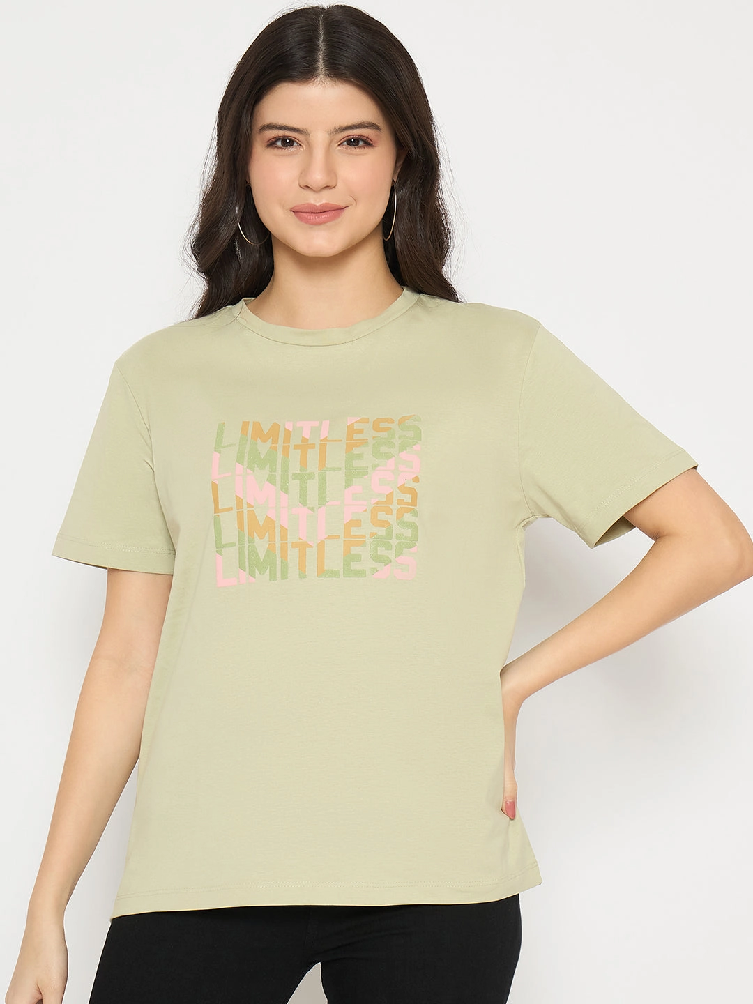 Light Style Madame Printed Pear Green Cotton T-shirt