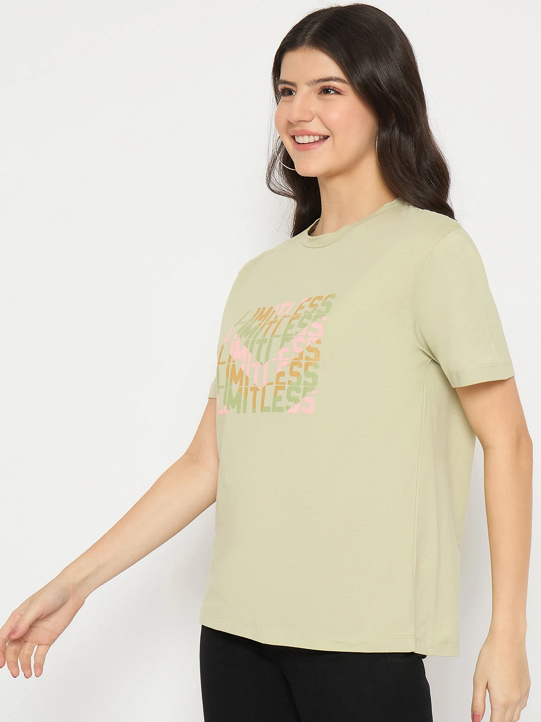short sleeved Madame Printed Pear Green Cotton T-shirt