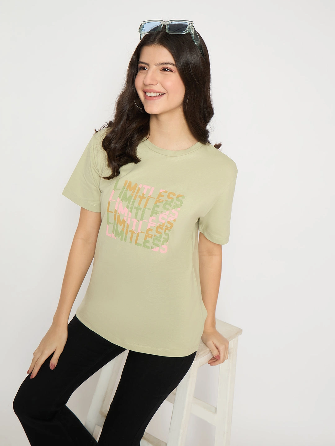 Madame Printed Pear Green Cotton T-shirt Performance Stretch Layered Look Wear