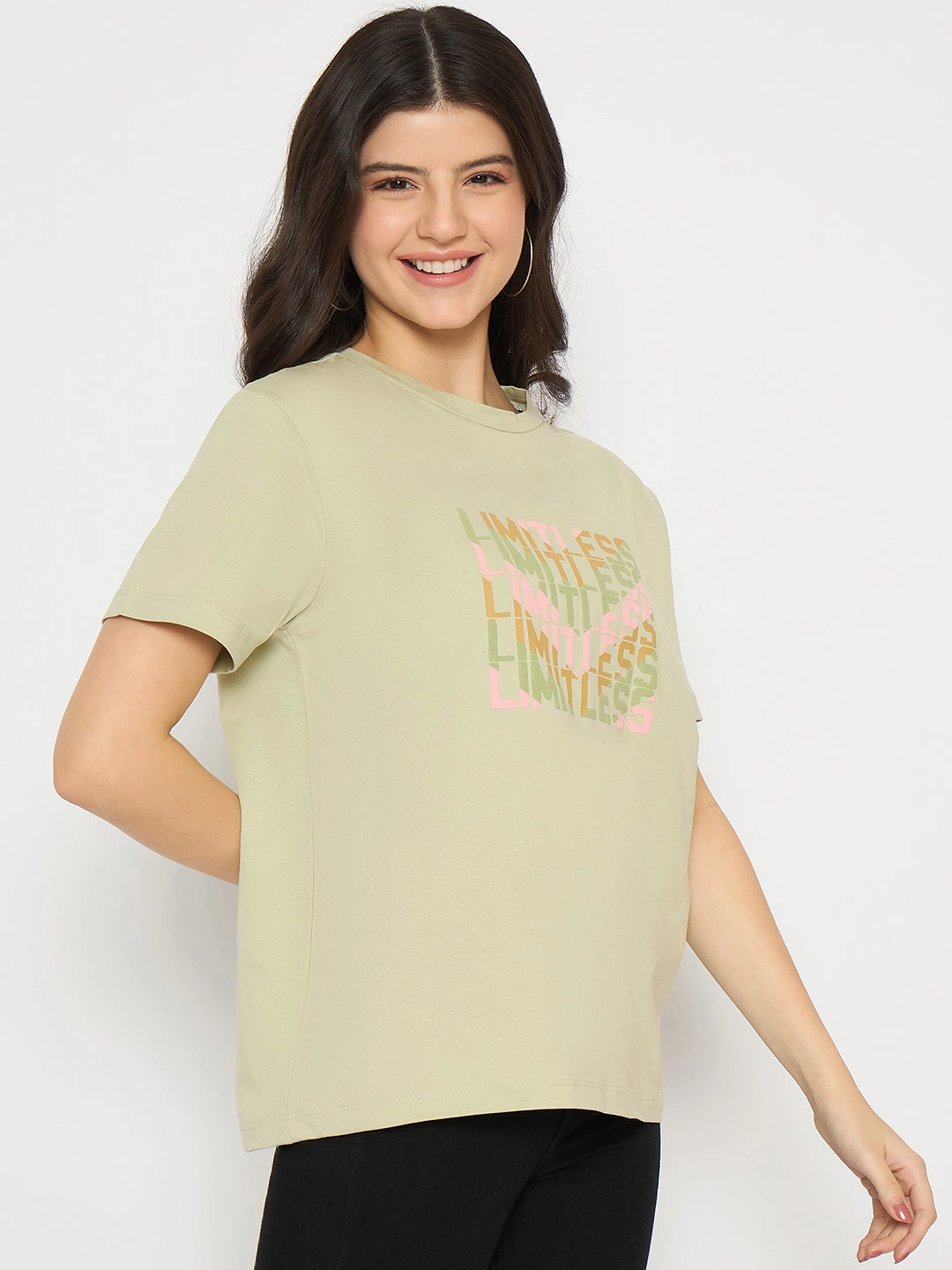 Relaxed fit wear Madame Printed Pear Green Cotton T-shirt