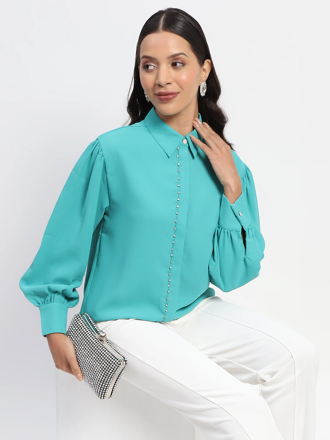 Indoor Comfort Madame Embellished Cuffed Sleeve Green Shirt