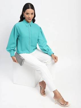 Comfort-First Madame Embellished Cuffed Sleeve Green Shirt