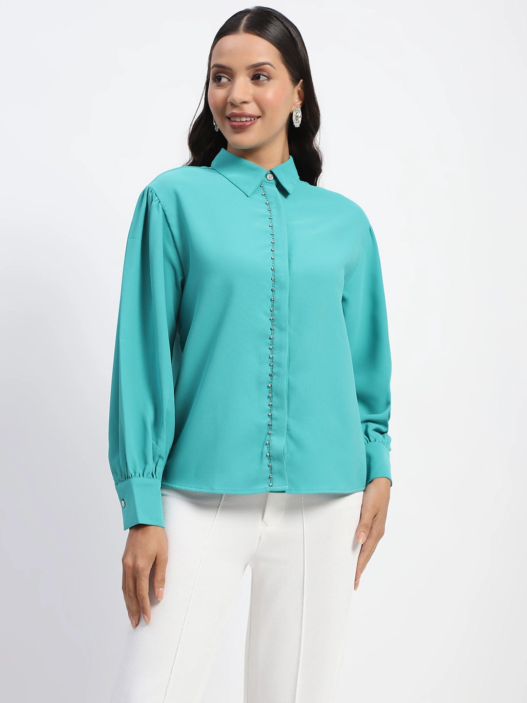 Exclusive Collection Eco-friendly Madame Embellished Cuffed Sleeve Green Shirt