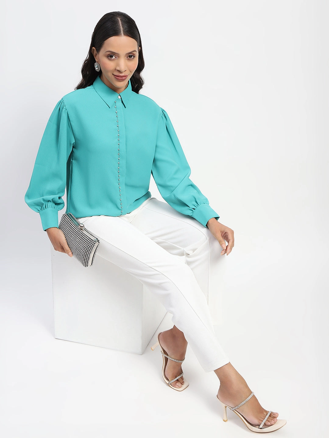 Comfort-First Madame Embellished Cuffed Sleeve Green Shirt