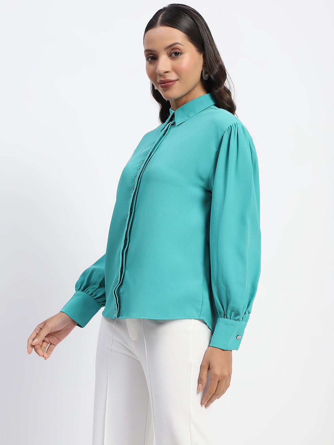 Job Interview Madame Embellished Cuffed Sleeve Green Shirt