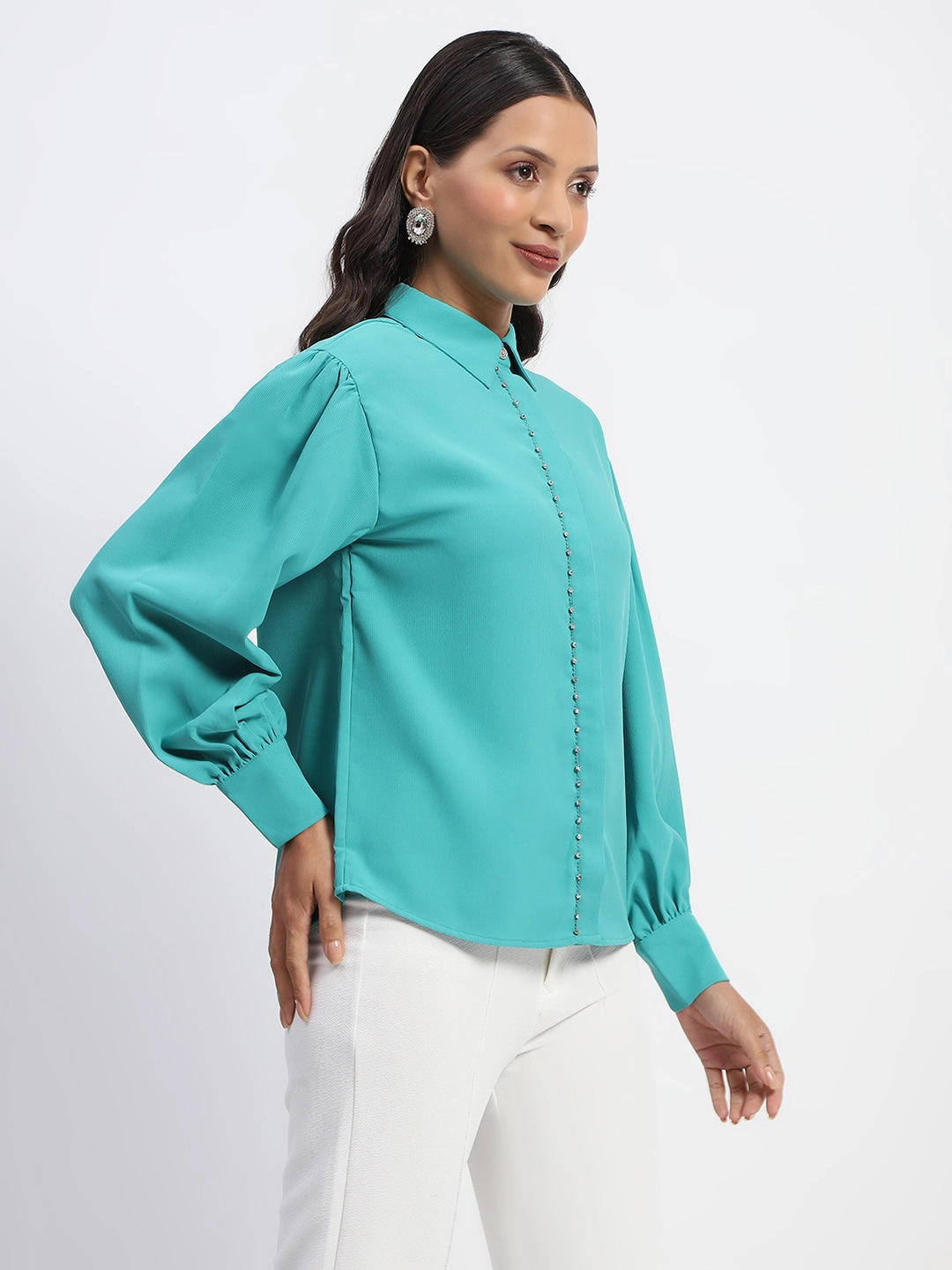 Madame Embellished Cuffed Sleeve Green Shirt Geometric Pattern Multi Layer Stitching