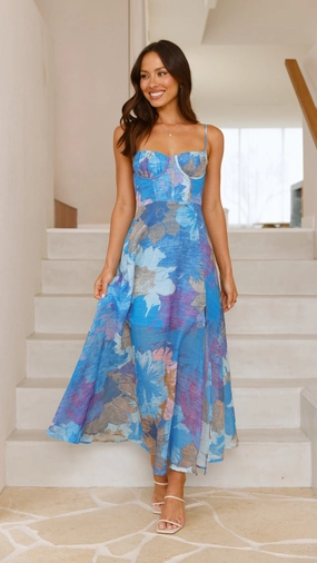 Flexible Waist Rahima Maxi Dress - Blue Floral