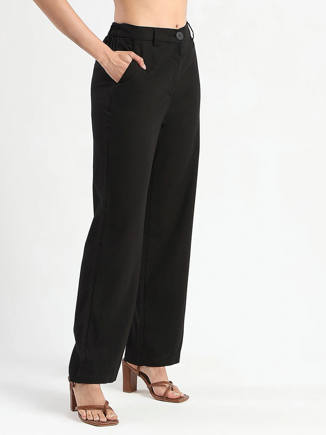 Comfortable Movement Madame Solid Black Wide Leg Rayon Blend Trousers