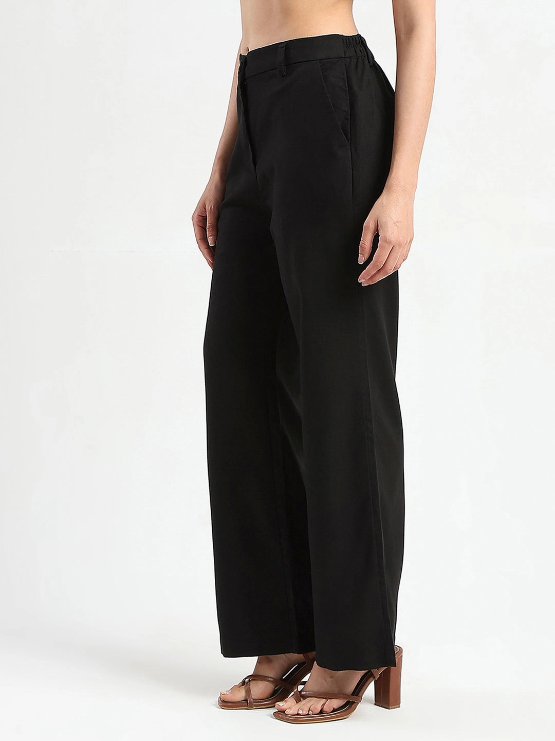 Laser Cut Edges Slim Shape Madame Solid Black Wide Leg Rayon Blend Trousers