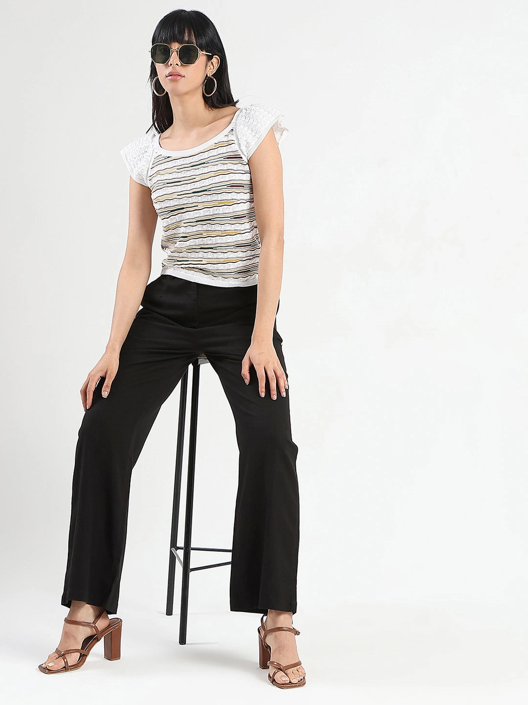 Madame Solid Black Wide Leg Rayon Blend Trousers ResilientElasticBand