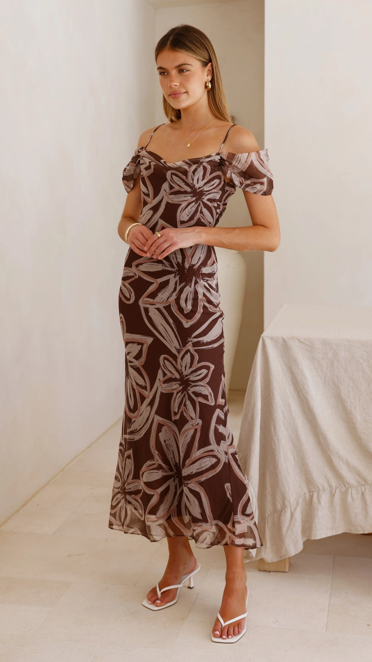 Adrianna Midi Dress - Brown Floral Soft Drape Fluid Shape