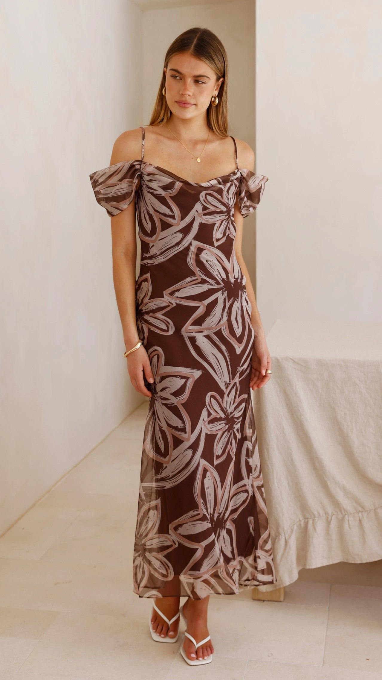 Button-Cuff Seamless Finish Adrianna Midi Dress - Brown Floral