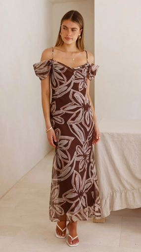 Button-Cuff Seamless Finish Adrianna Midi Dress - Brown Floral