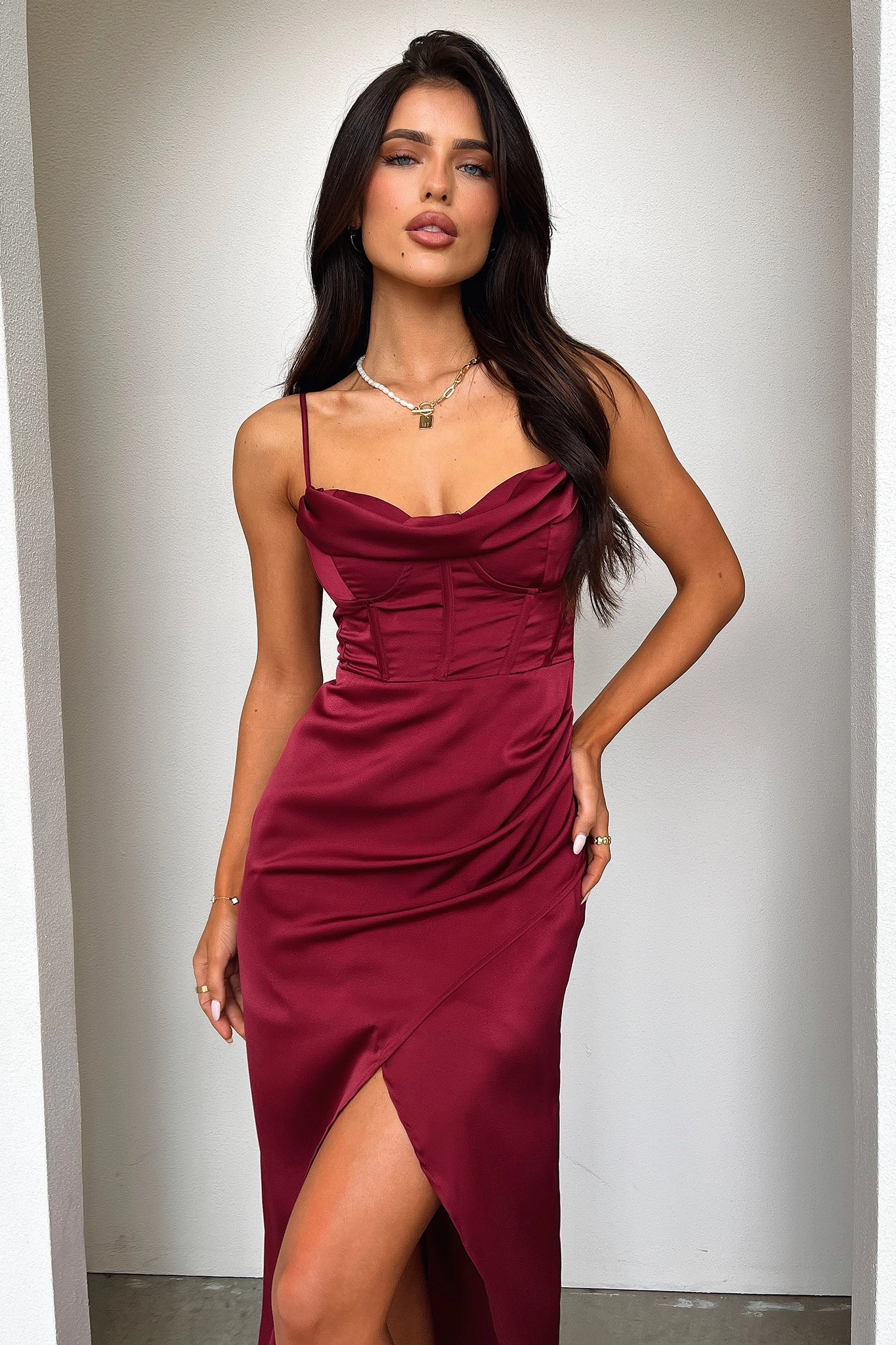 Sophisticated Waist Fit Aiana Satin Maxi Dress - Burgundy