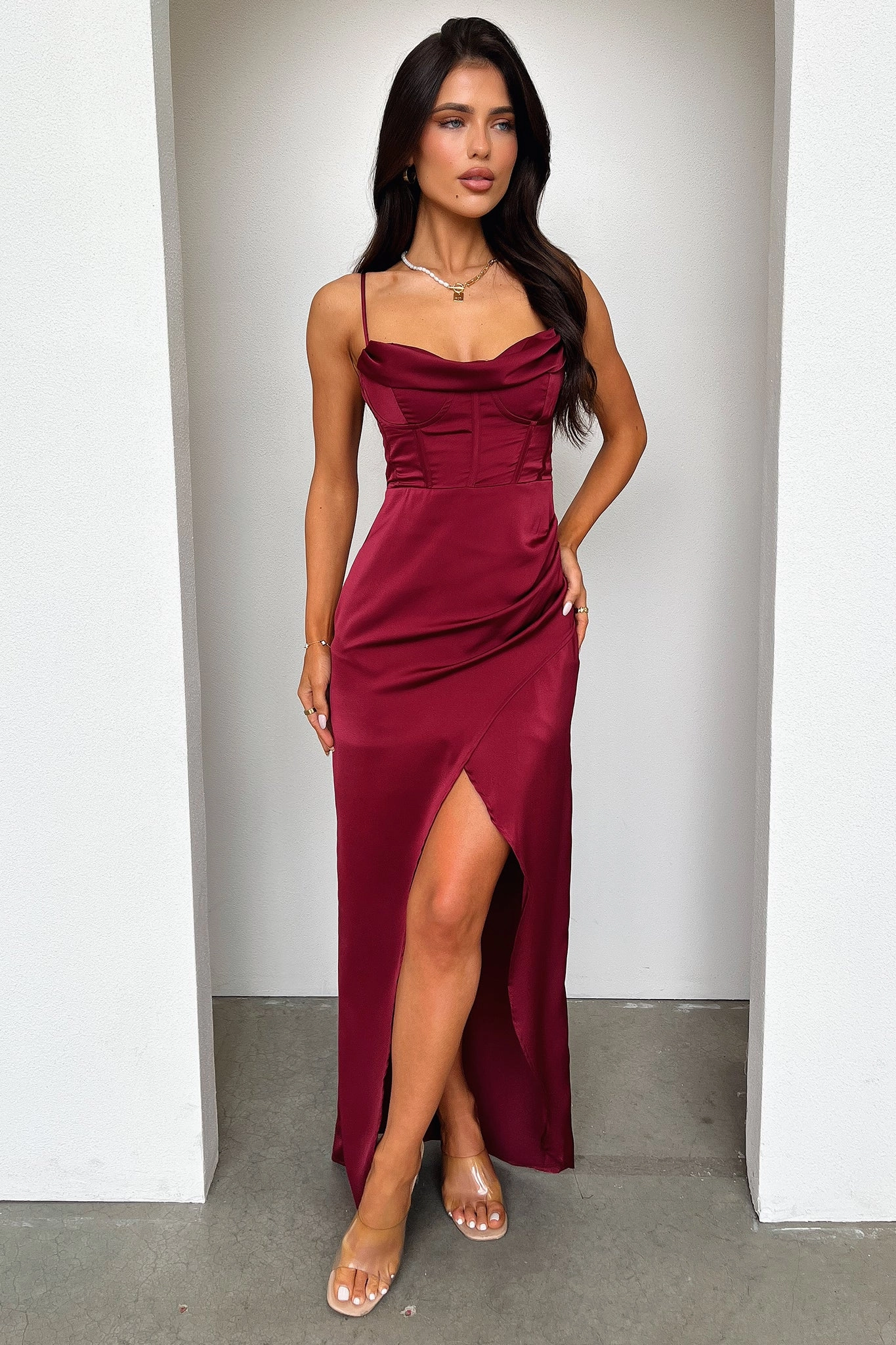 Aiana Satin Maxi Dress - Burgundy Feminine Energy Evening Event