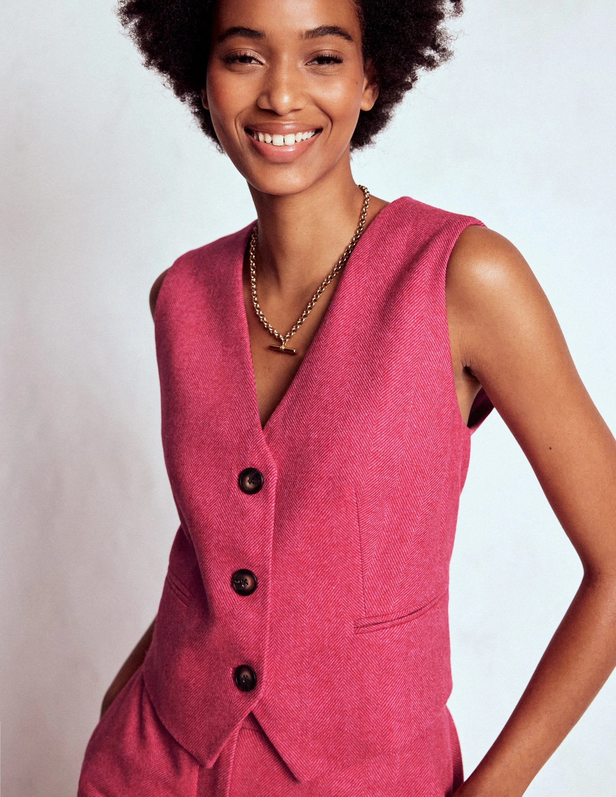 Elastic Hem Adjustment HighCollarDesign Pink Wool Waistcoat-Red and Pink Wide Herringbone