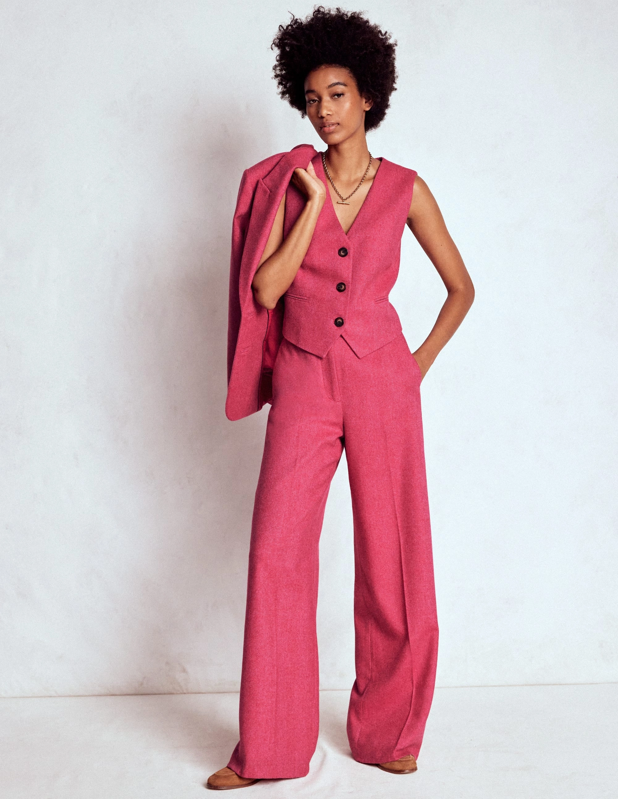 Pink Wool Waistcoat-Red and Pink Wide Herringbone Wind Resistant Coating Reinforced Zippers