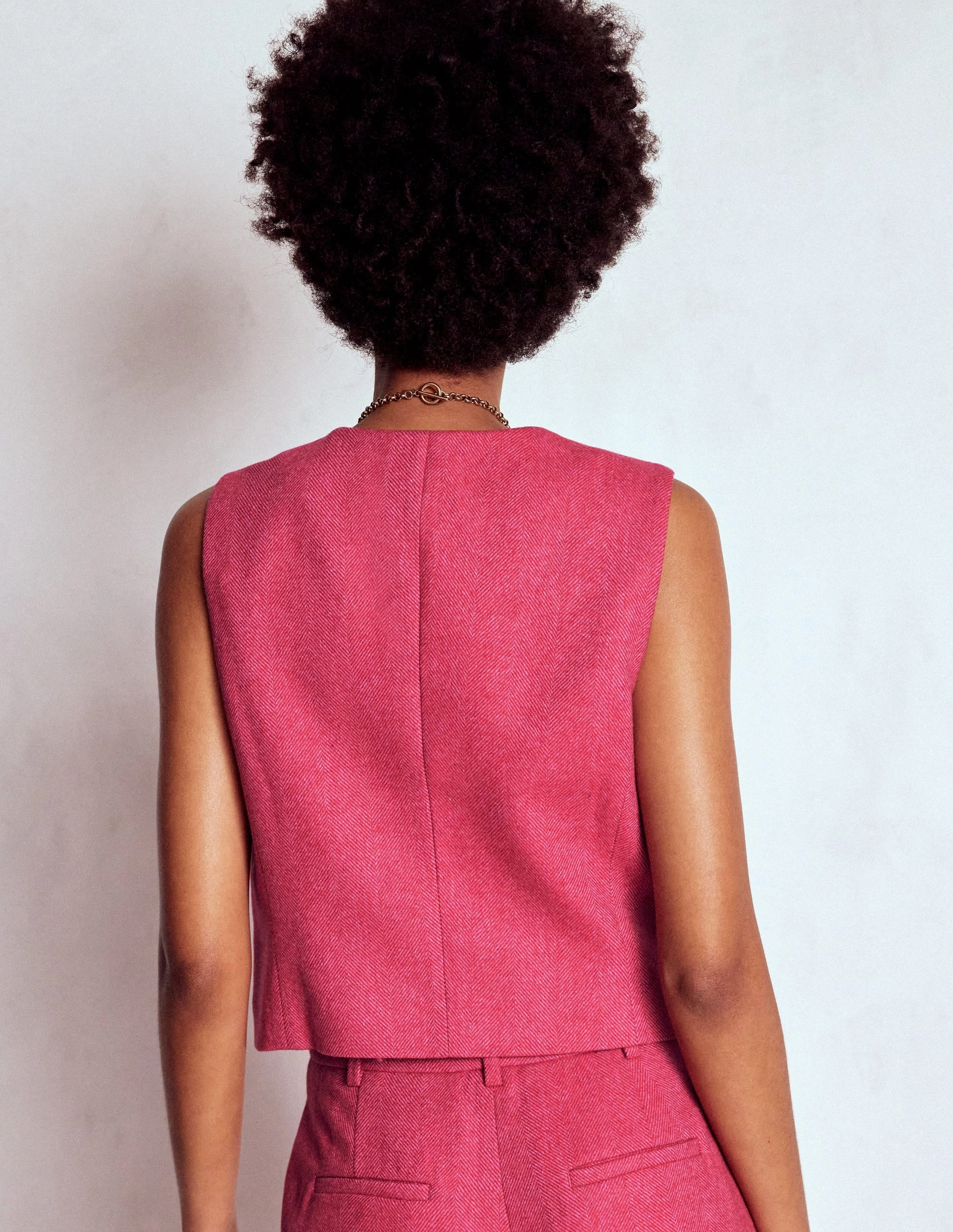 Heat Sealed Seams Reinforced Seams Pink Wool Waistcoat-Red and Pink Wide Herringbone
