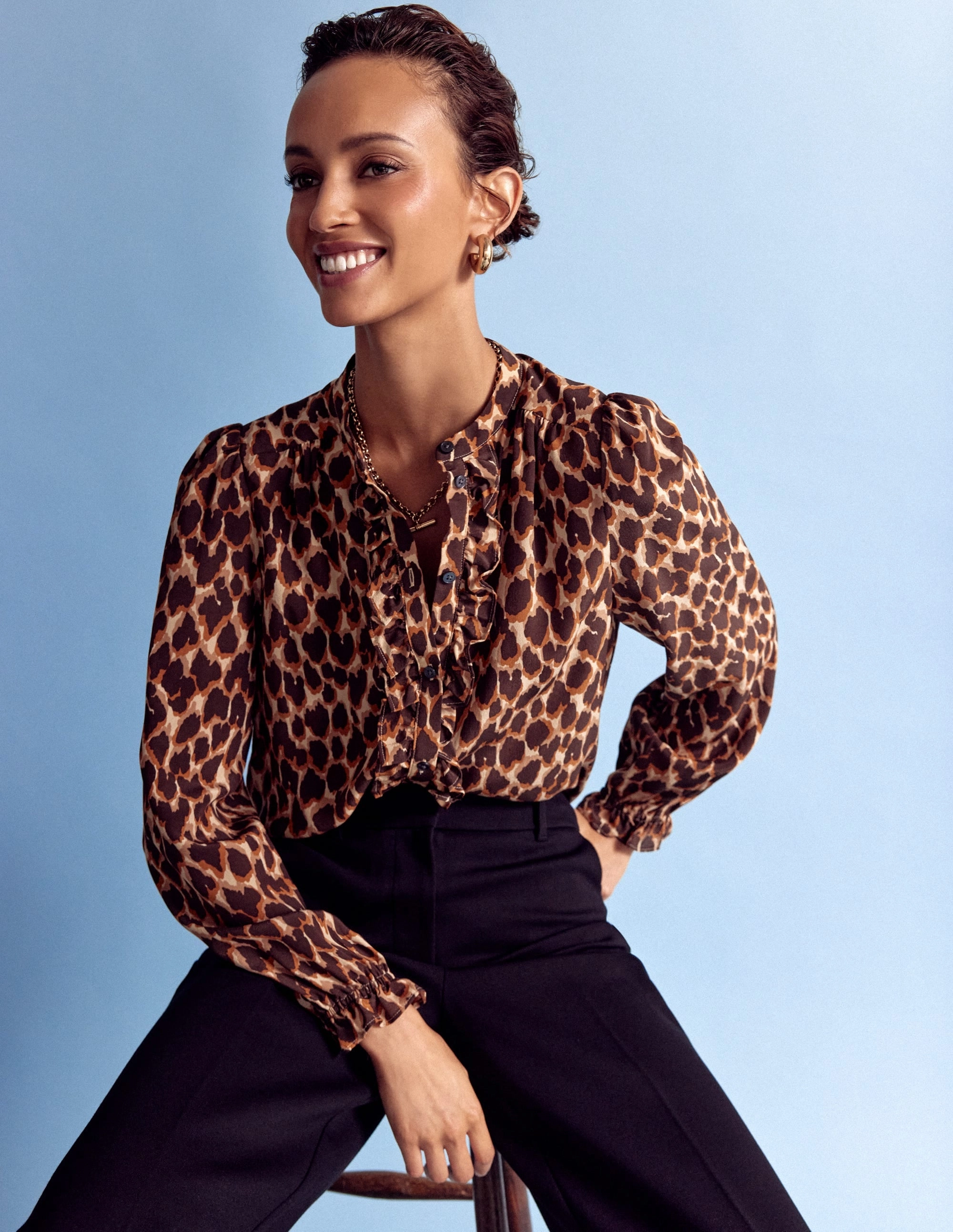 Alice Frill Front Silk Top-Leopard Spots StretchableKnit