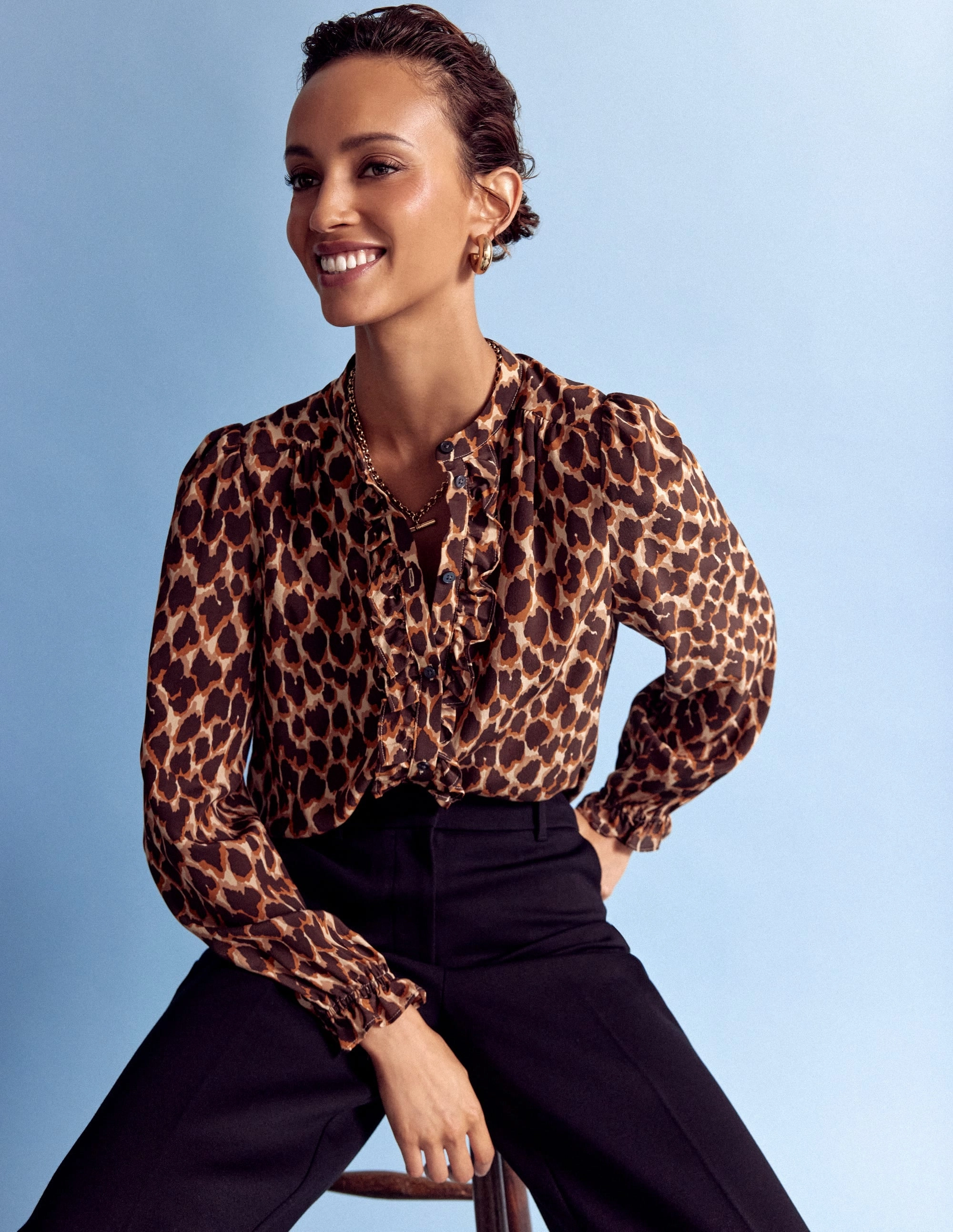 Cozy Sweatshirt Alice Frill Front Silk Top-Leopard Spots