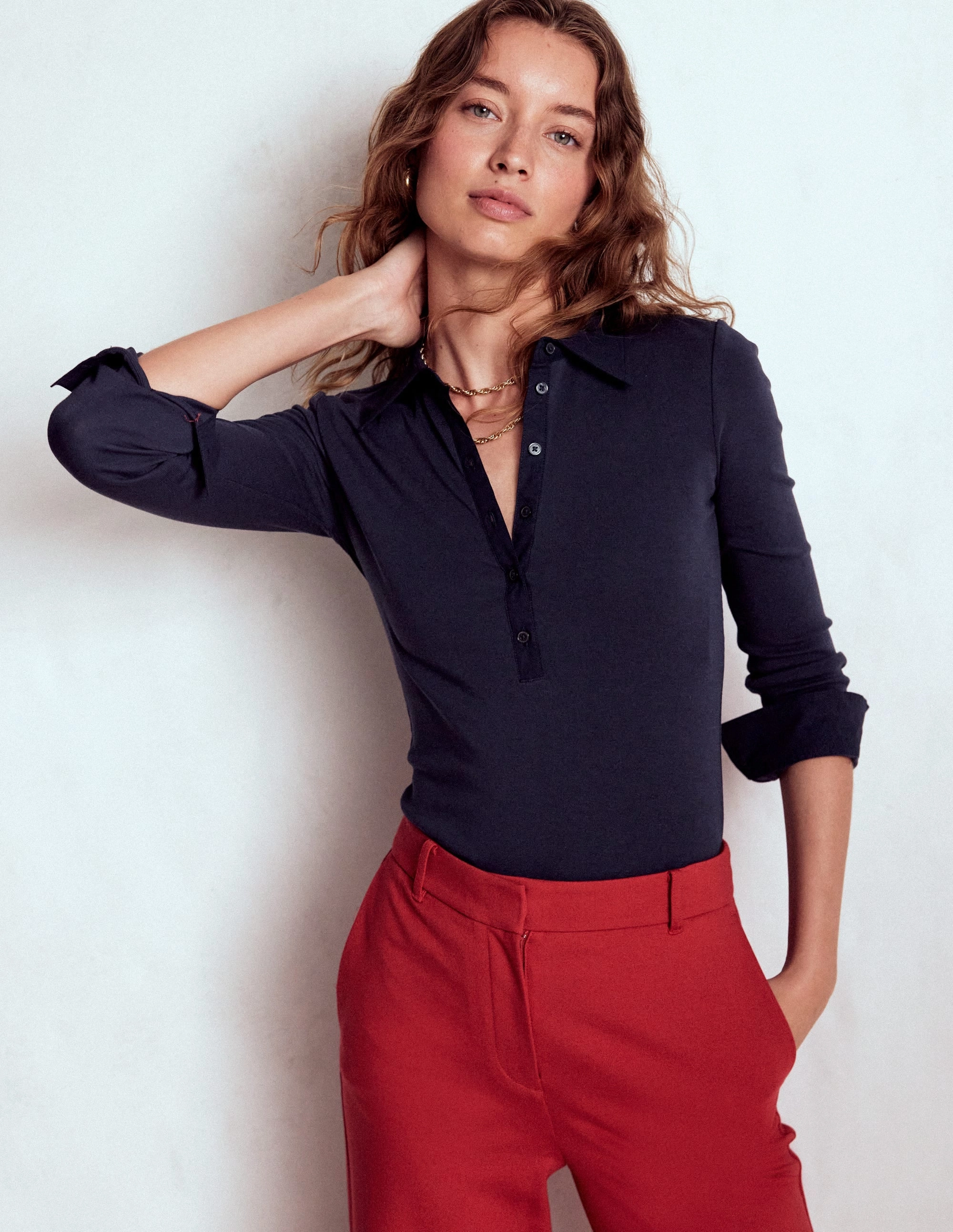 Bonded Hemline Tear Resistant Weave Collared Placket Jersey Shirt-Navy