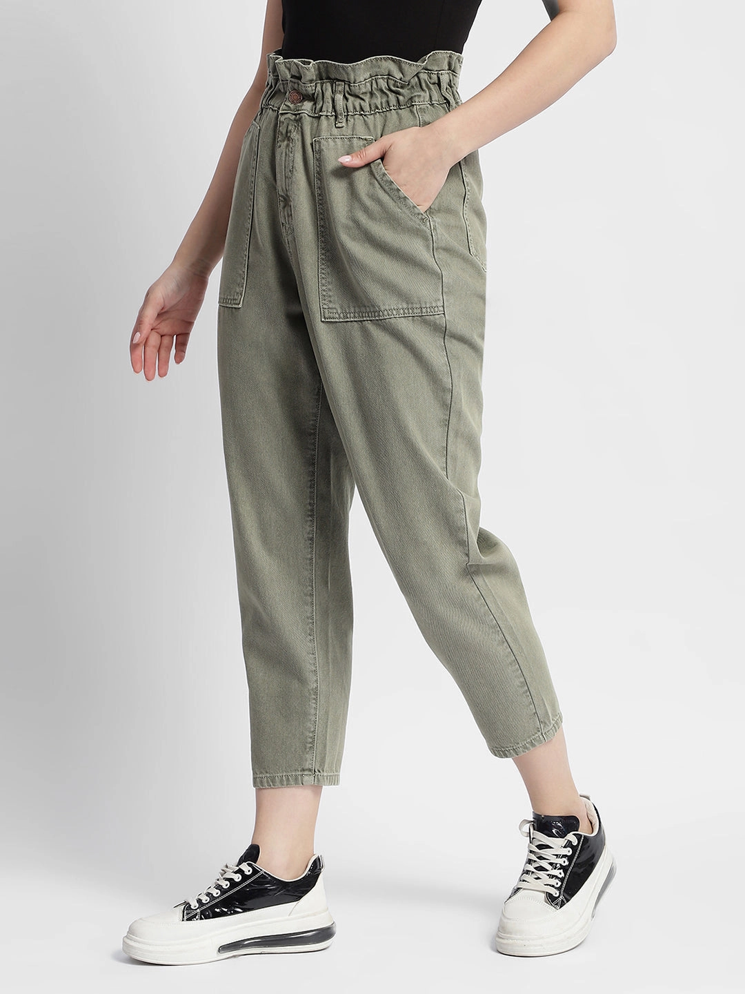 High Waist Stretch UVProtectionCoating Madame Mid Rise Tapered Fit Olive Green Cargo