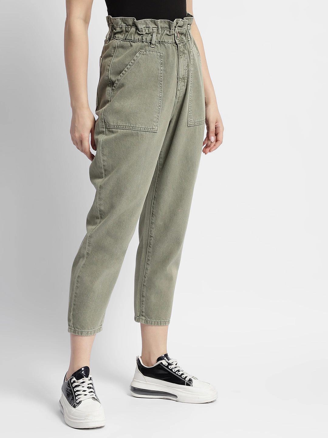Madame Mid Rise Tapered Fit Olive Green Cargo Core Support Body Friendly