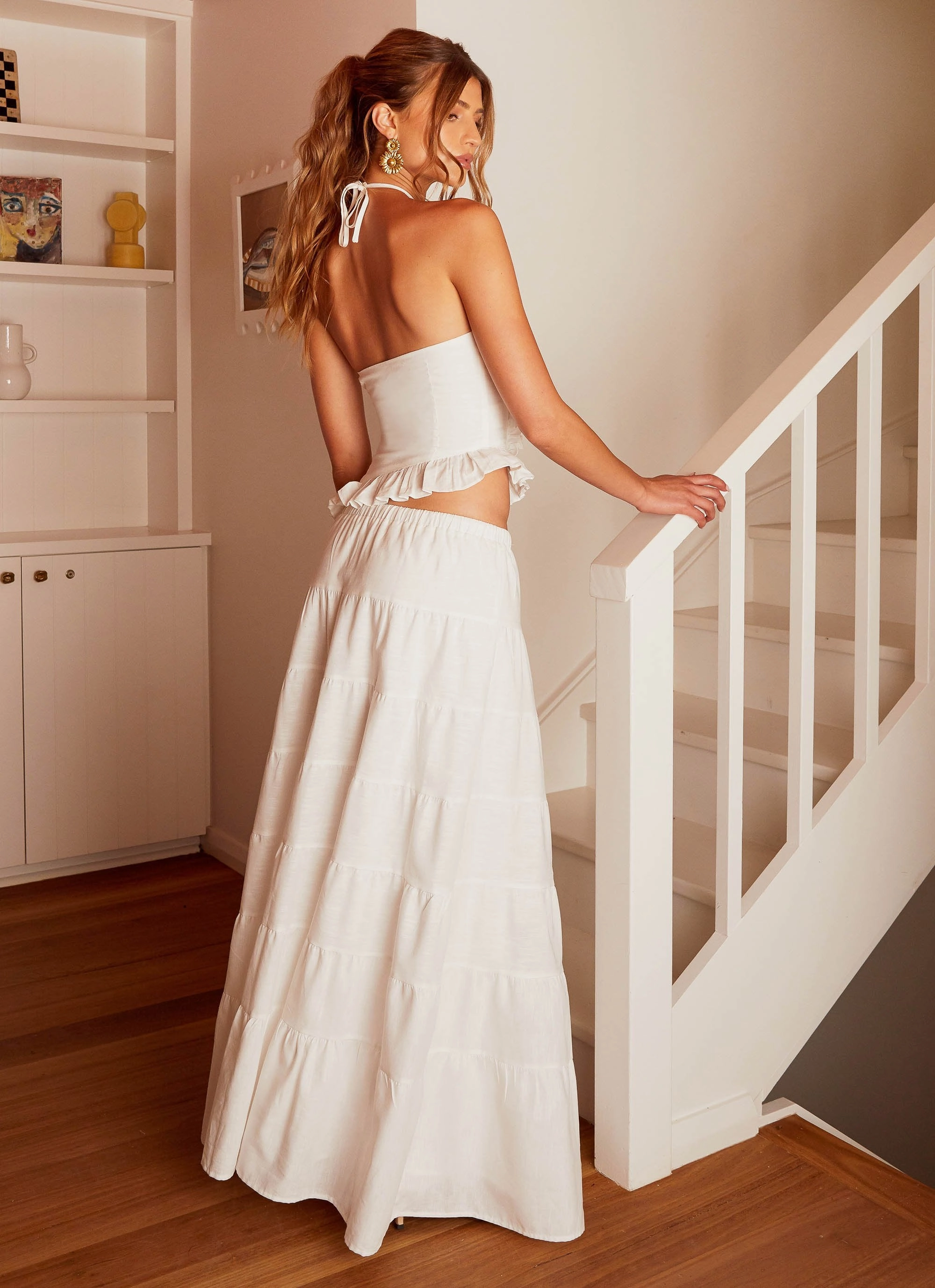 Glossy Texture Wrap Closure Mariella Linen Maxi Skirt - White