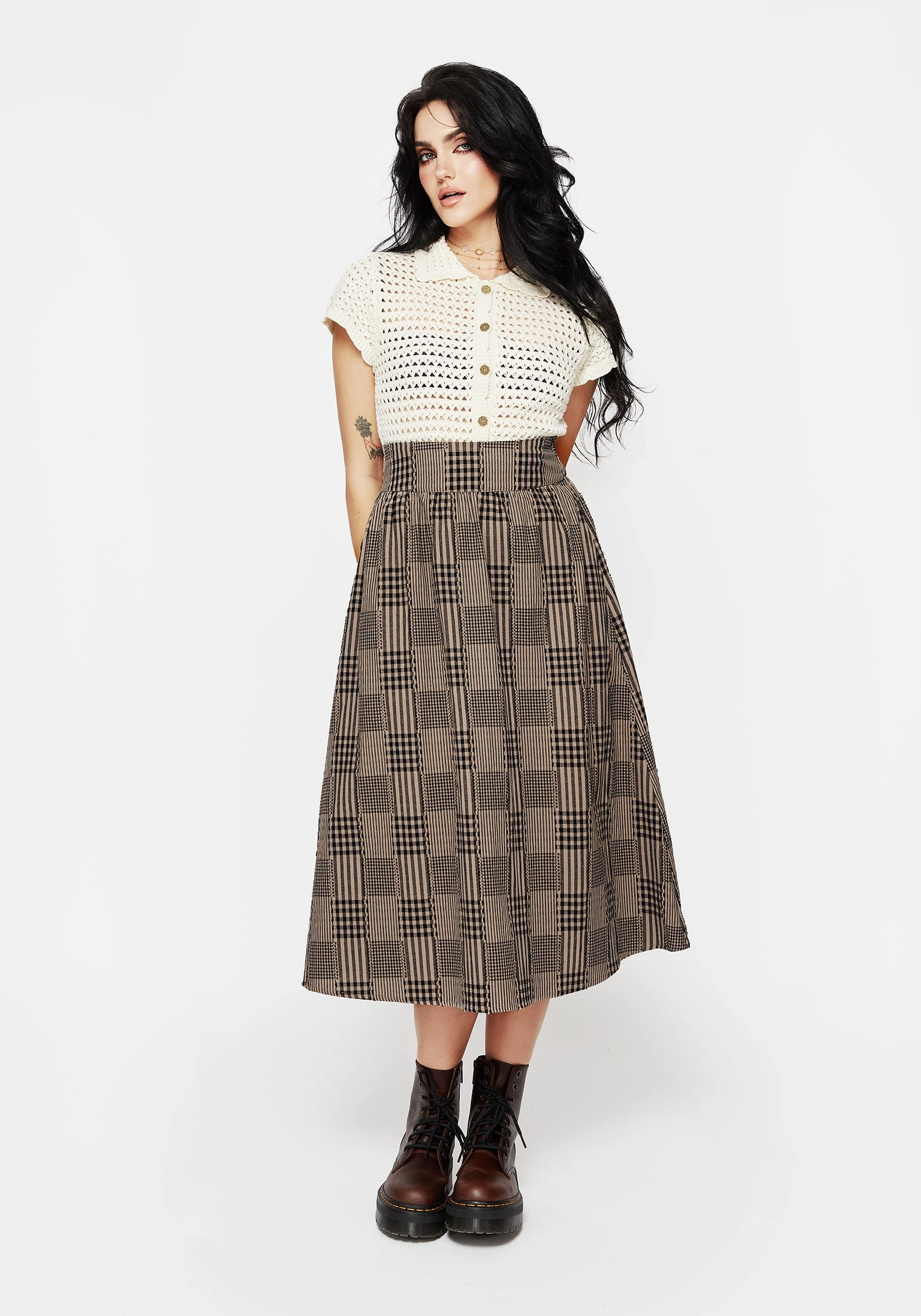 Laidback Style Mabel Check Midi Skirt