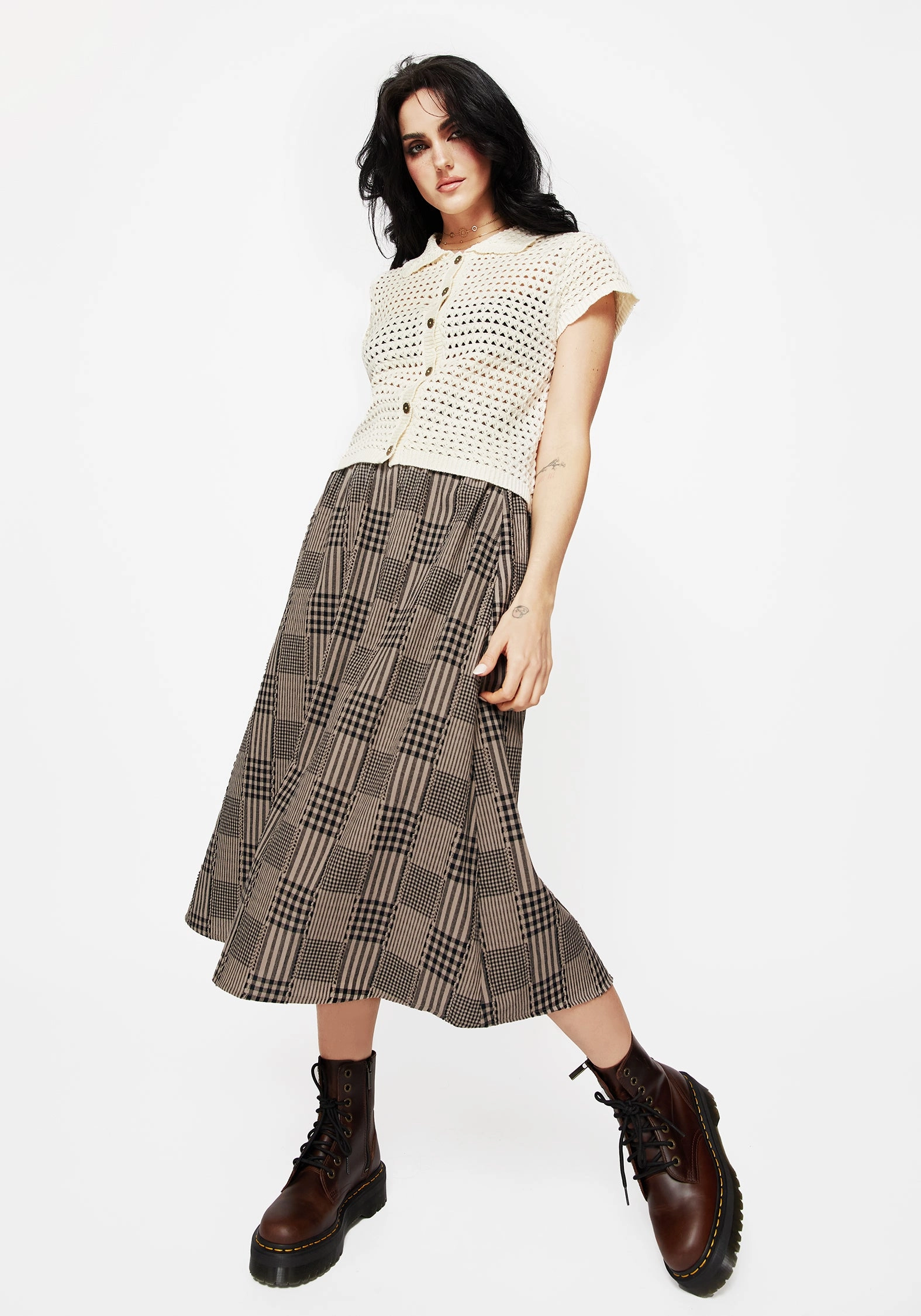 Mood Outfit Refined Sophistication Mabel Check Midi Skirt