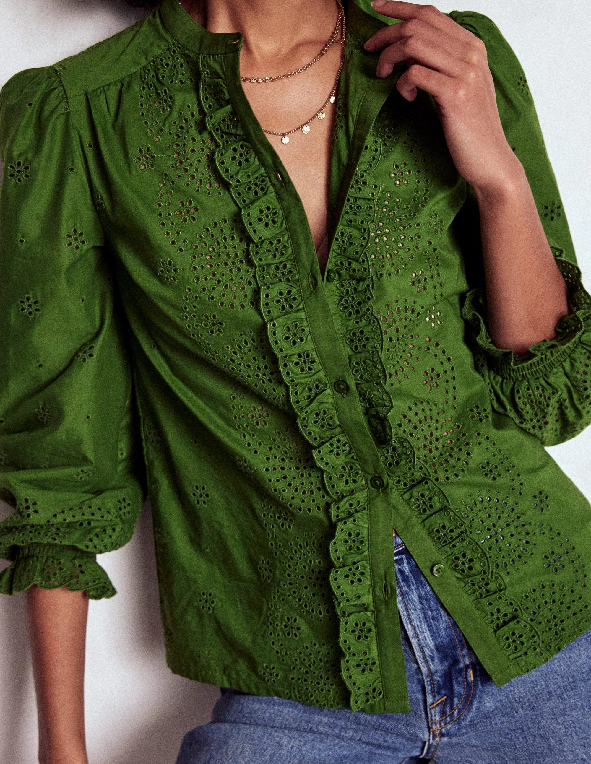 Stretch Fit Wear Resistant Edge Alice Broderie Top-Promenade Green