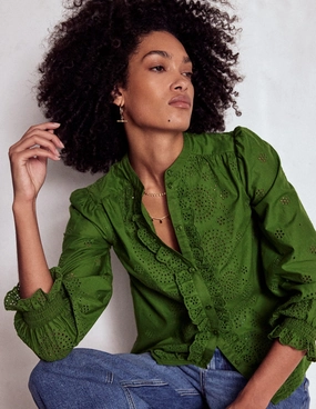 Alice Broderie Top-Promenade Green Self Fabric Tie LightweightMaterial
