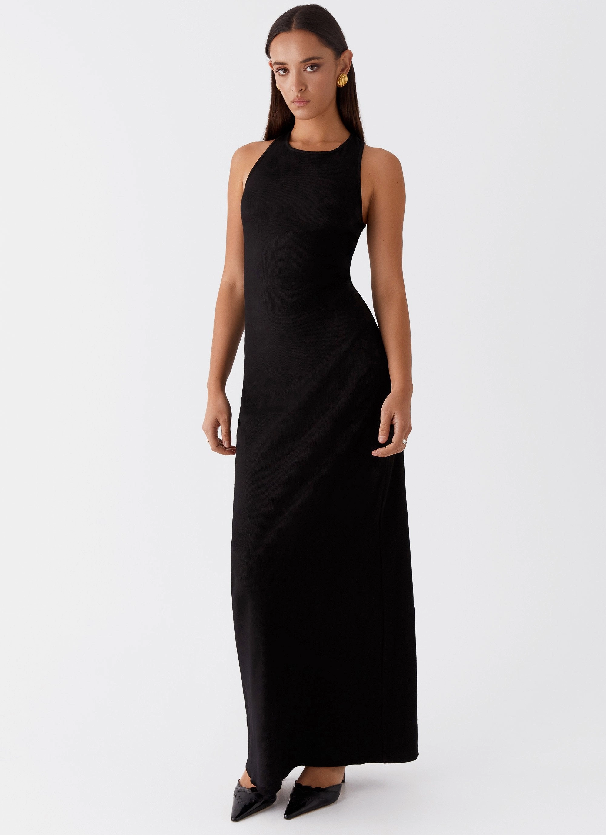 Alice Cut Out Maxi Dress - Black Satin Soft Modern and Stylish